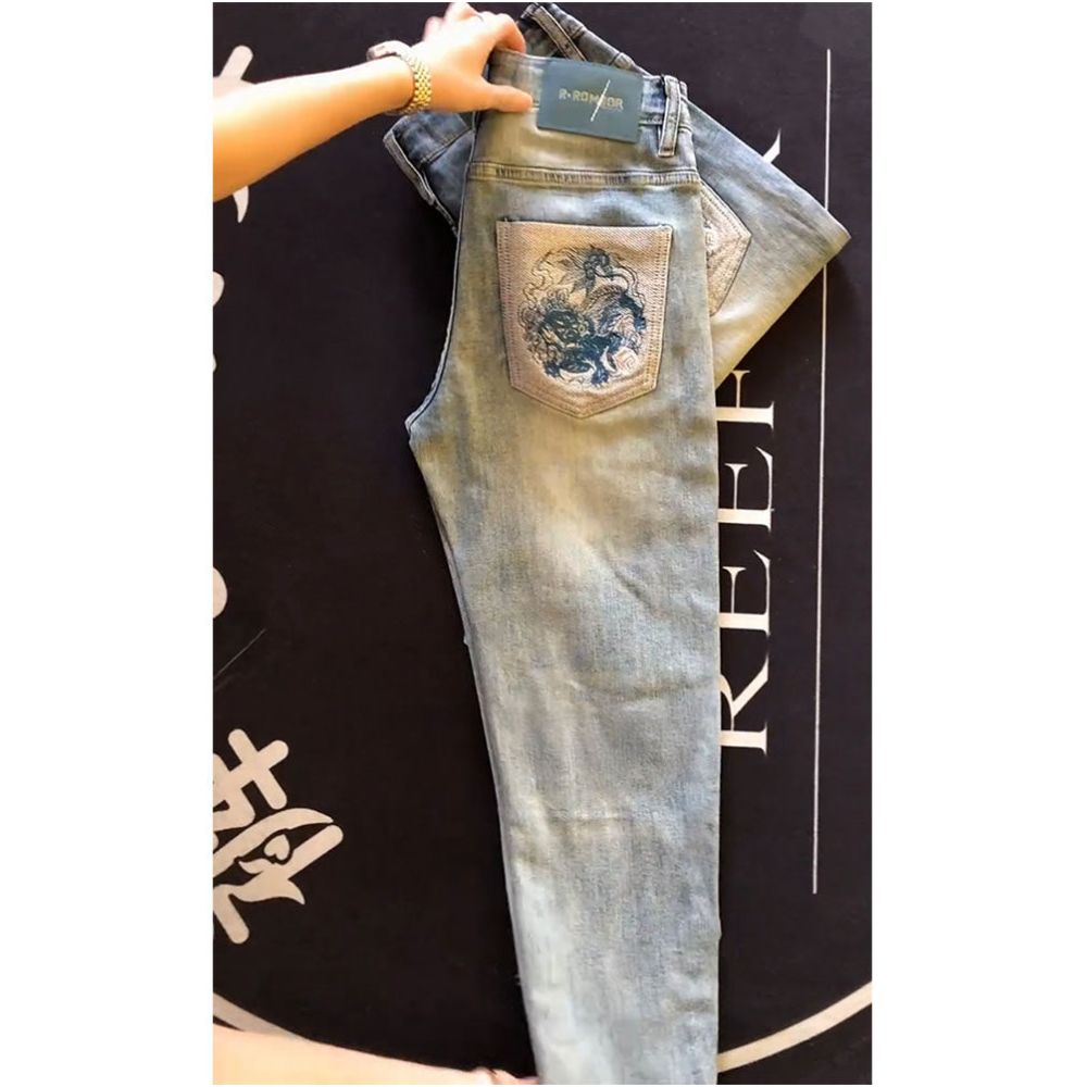 New Spring Summer Men s Embroidered Jeans Trendy Light Color Ripped Patchwork Stretch Slim Fit Casual Long Trousers image 4
