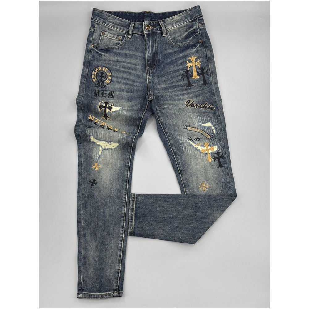 High end embroidered blue jeans for men 2026 style slim fit elastic ripped patched distressed pants image 4