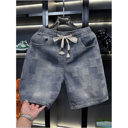 American casual retro mosaic checkered denim shorts for men 2026 summer new style loose fit trendy and cool image 0