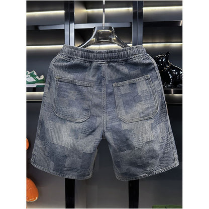American casual retro mosaic checkered denim shorts for men 2026 summer new style loose fit trendy and cool image 1
