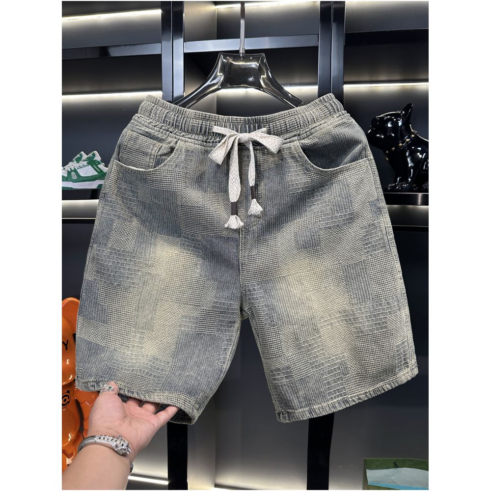 American casual retro mosaic checkered denim shorts for men 2026 summer new style loose fit trendy and cool image 2