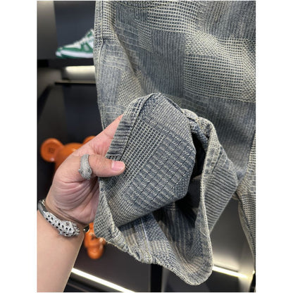 American casual retro mosaic checkered denim shorts for men 2026 summer new style loose fit trendy and cool image 4