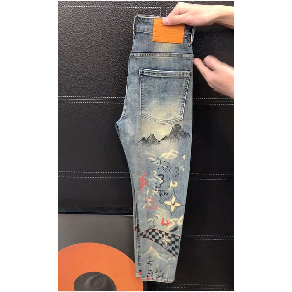 Trendy high street printed jeans for men new spring style slim fit straight leg versatile and unique long pants image 1
