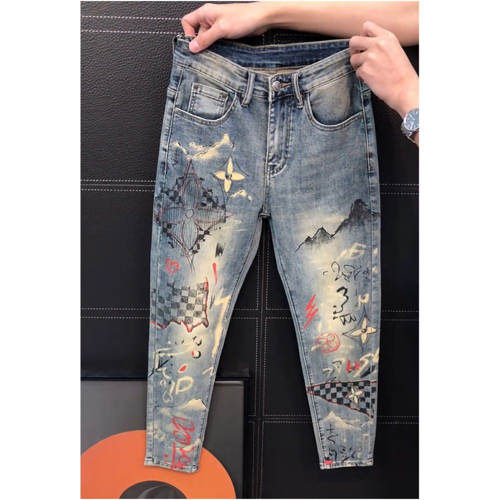 Trendy high street printed jeans for men new spring style slim fit straight leg versatile and unique long pants image 2