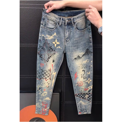 Trendy high street printed jeans for men new spring style slim fit straight leg versatile and unique long pants image 2