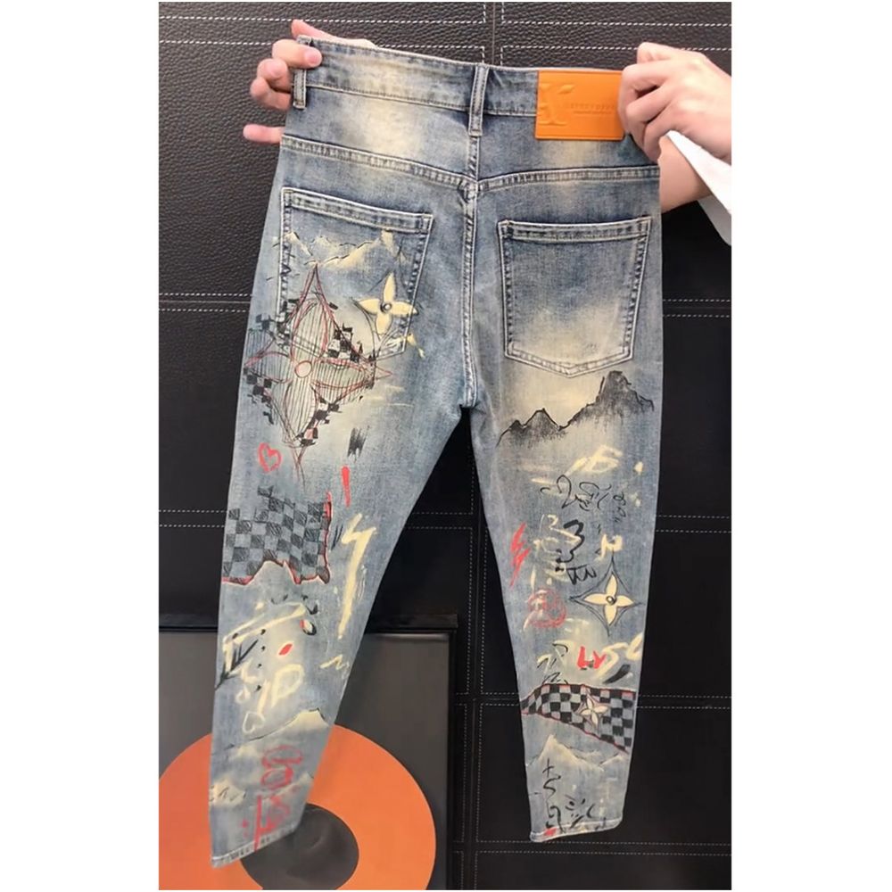 Trendy high street printed jeans for men new spring style slim fit straight leg versatile and unique long pants image 3