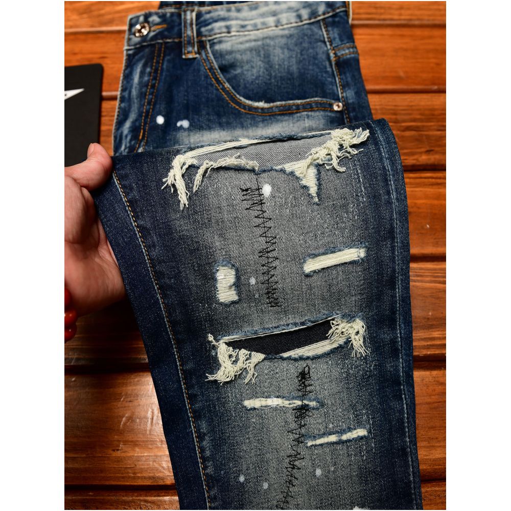 High end men s slim fit skinny jeans with ripped patched and distressed details Korean style trendy stretchy fashion trousers image 2