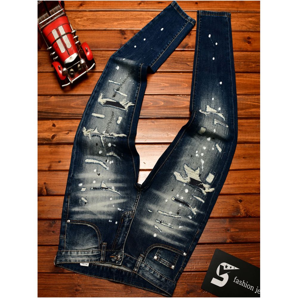 High end men s slim fit skinny jeans with ripped patched and distressed details Korean style trendy stretchy fashion trousers image 3