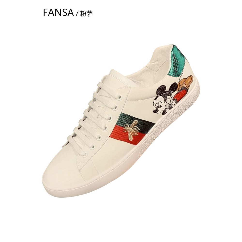 Luxury white sneakers for men genuine leather couple s sneakers bee and Mickey Mouse cartoon style casual breathable versatile European style men s shoes image 1
