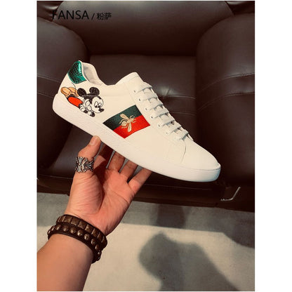 Luxury white sneakers for men genuine leather couple s sneakers bee and Mickey Mouse cartoon style casual breathable versatile European style men s shoes image 3