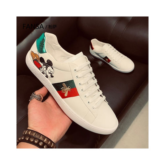 Men's Premium White Leather Casual Sneakers with Bee Design