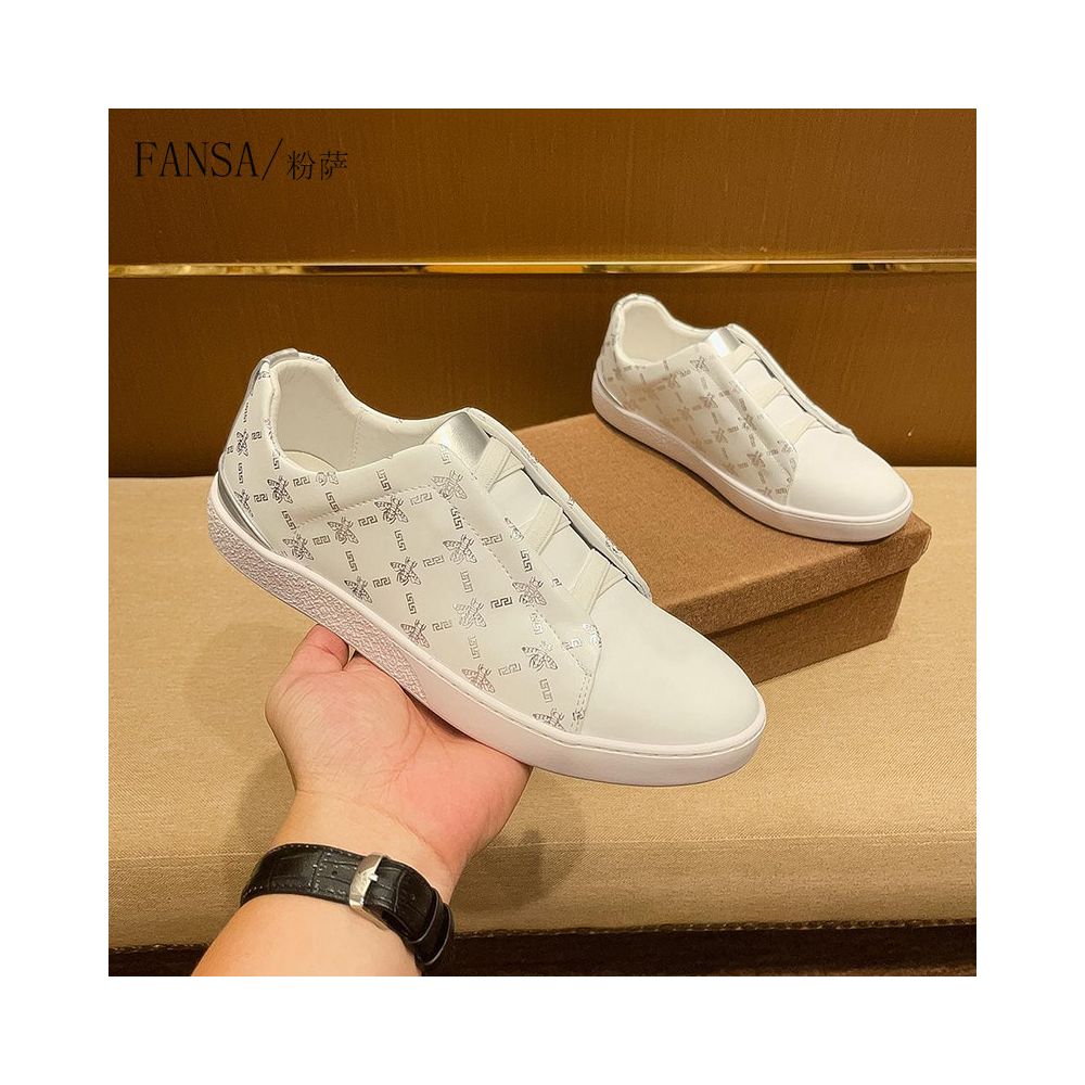 Men's Premium White Leather Casual Sneakers with Bee Design