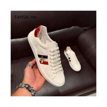 Men's Premium White Leather Casual Sneakers with Bee Design