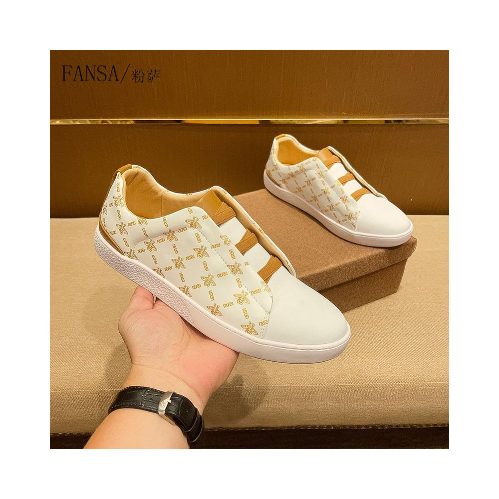 Men's Premium White Leather Casual Sneakers with Bee Design