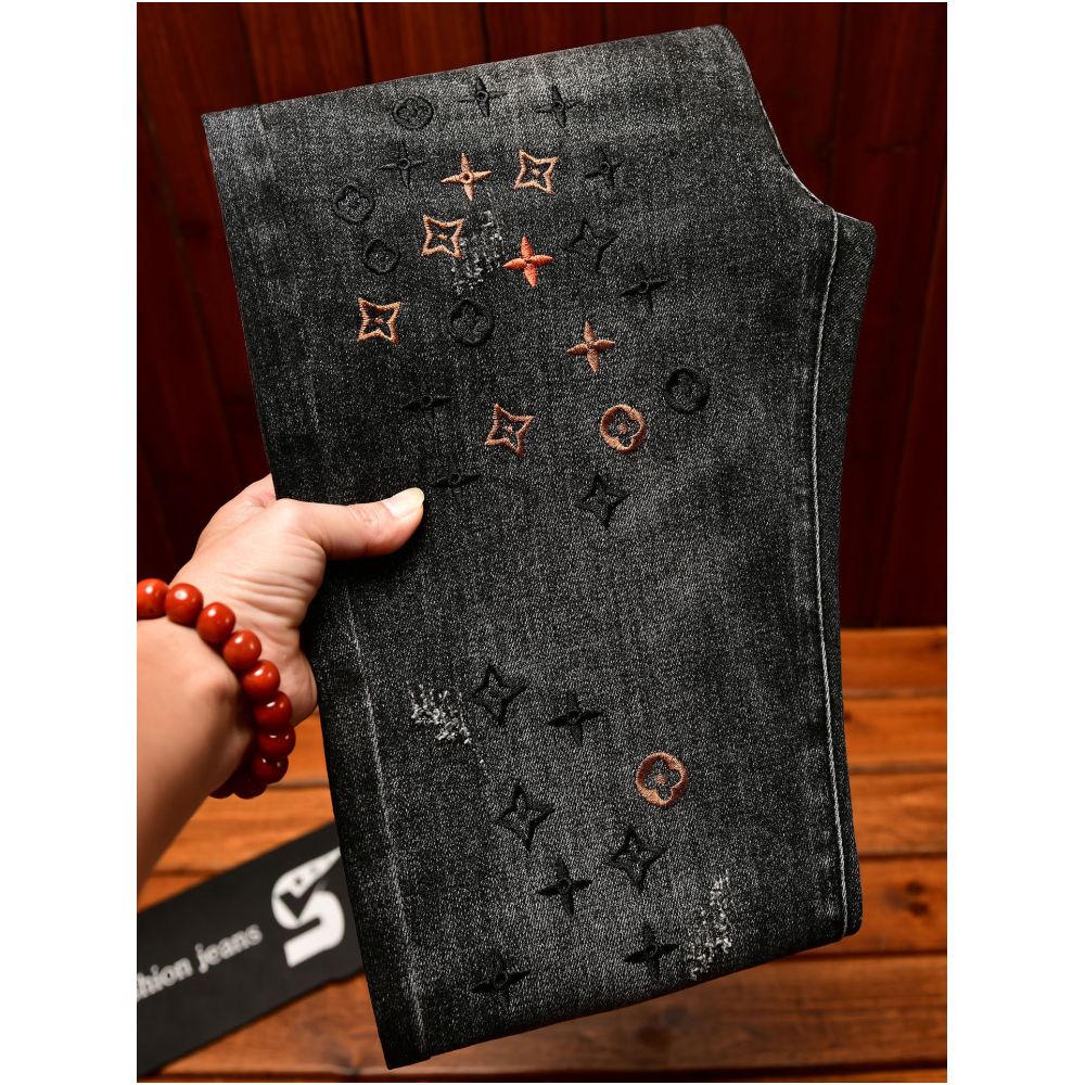European style embroidered floral men s slim fit skinny jeans 2026 new spring summer style stretchy trendy Korean style trousers image 0