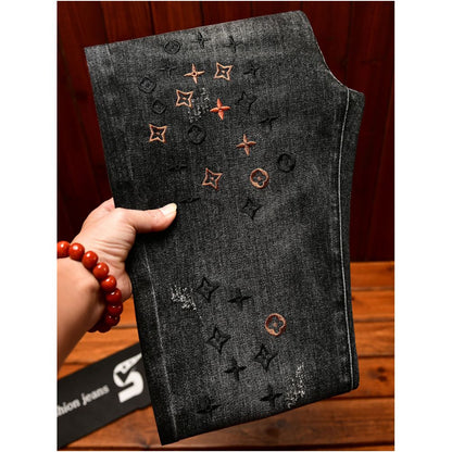 European style embroidered floral men s slim fit skinny jeans 2026 new spring summer style stretchy trendy Korean style trousers image 0
