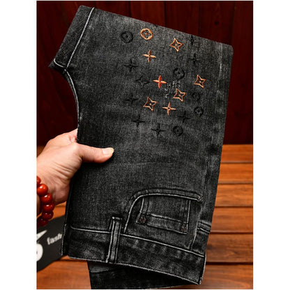 European style embroidered floral men s slim fit skinny jeans 2026 new spring summer style stretchy trendy Korean style trousers image 1