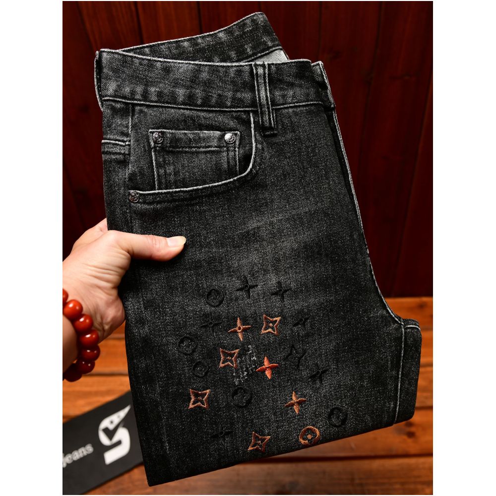 European style embroidered floral men s slim fit skinny jeans 2026 new spring summer style stretchy trendy Korean style trousers image 2