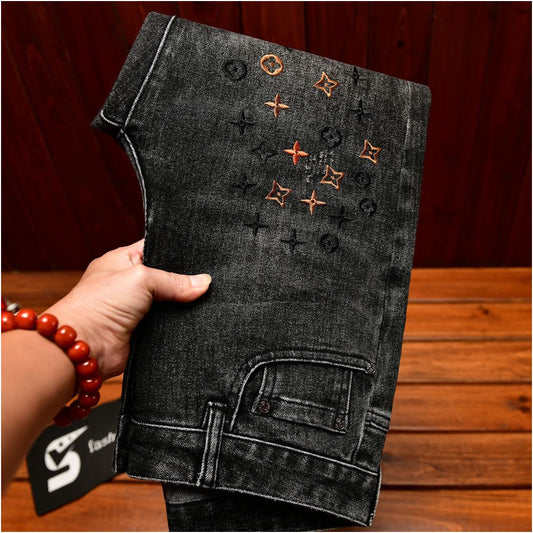 Men's Premium Embroidered Black Slim Fit Jeans
