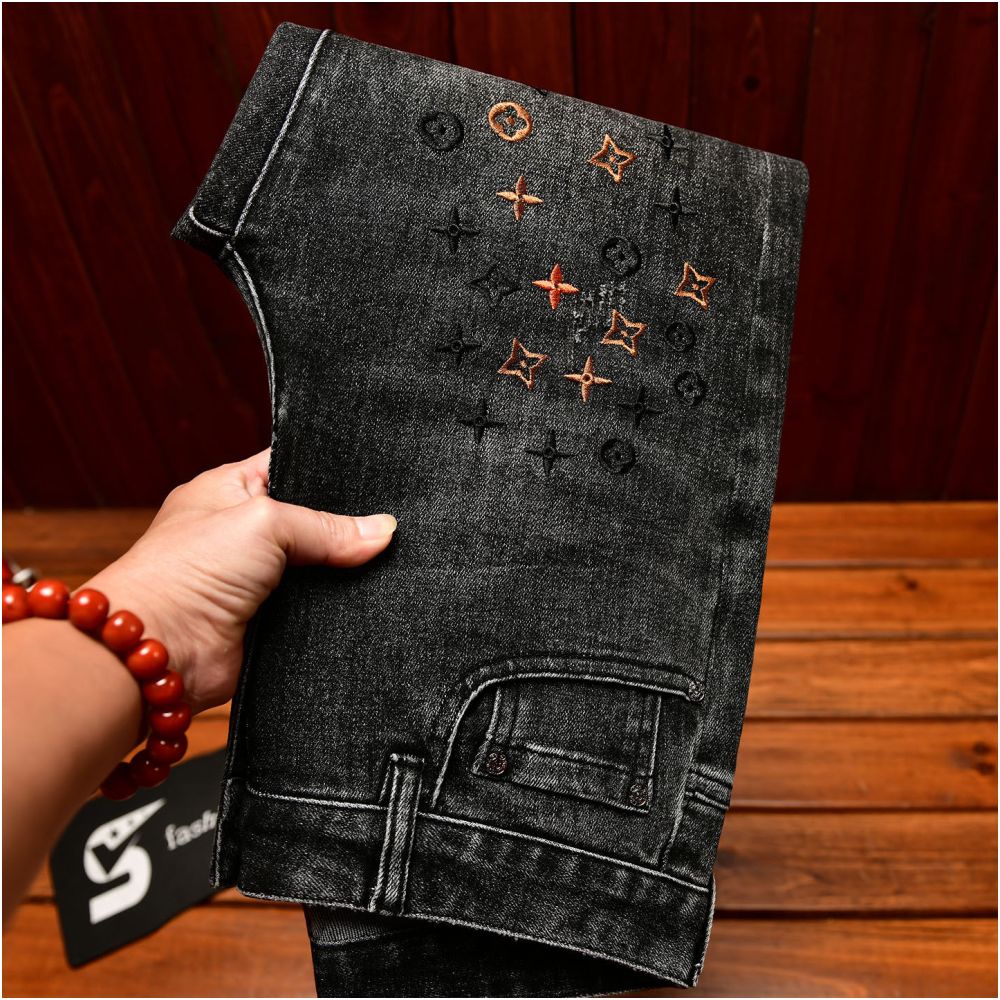 Men's Premium Embroidered Black Slim Fit Jeans