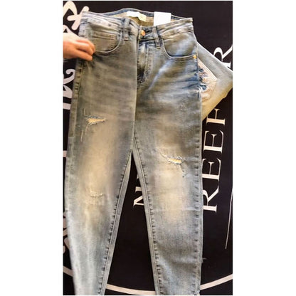 New Spring Summer Men s Embroidered Jeans Trendy Light Color Ripped Patchwork Stretch Slim Fit Casual Long Trousers image 2
