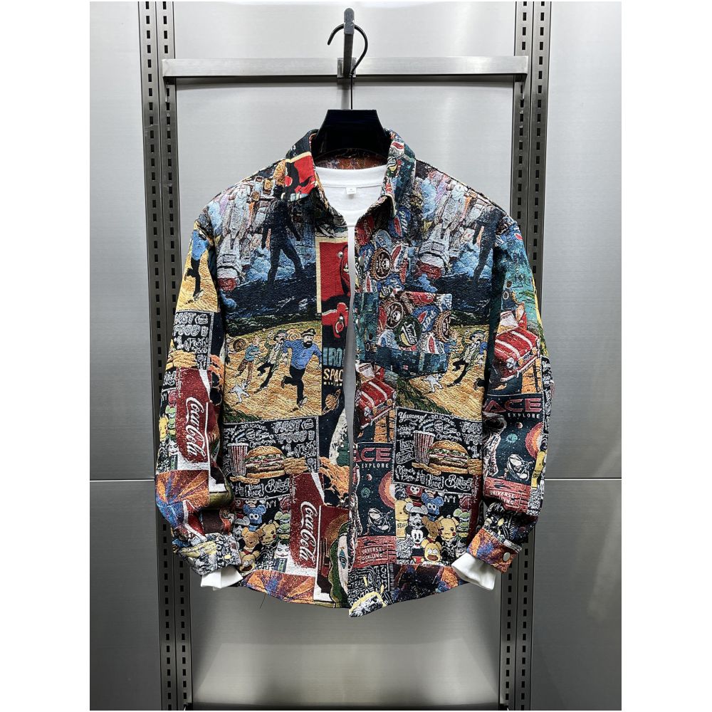 American retro jacquard painted collar shirt jacket new autumn style men s trendy youth cool casual jacket image 0