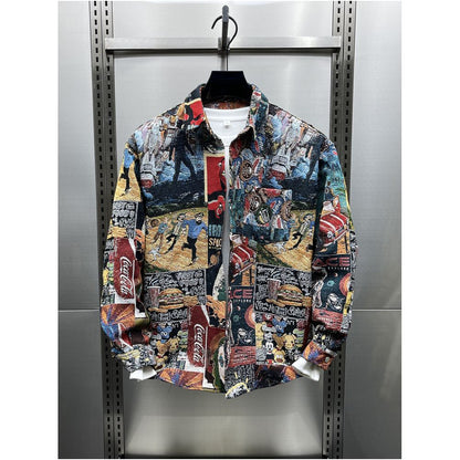 American retro jacquard painted collar shirt jacket new autumn style men s trendy youth cool casual jacket image 0