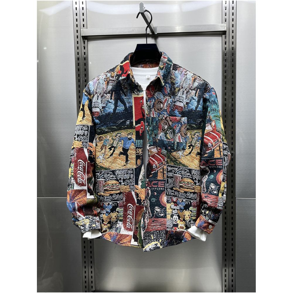 American retro jacquard painted collar shirt jacket new autumn style men s trendy youth cool casual jacket image 1