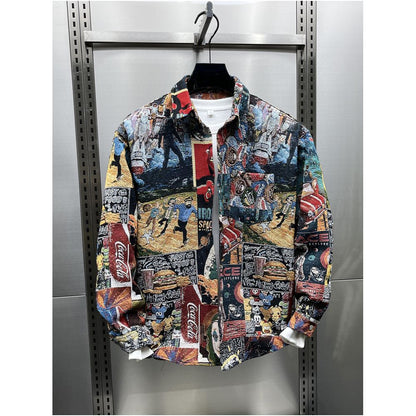 American retro jacquard painted collar shirt jacket new autumn style men s trendy youth cool casual jacket image 2