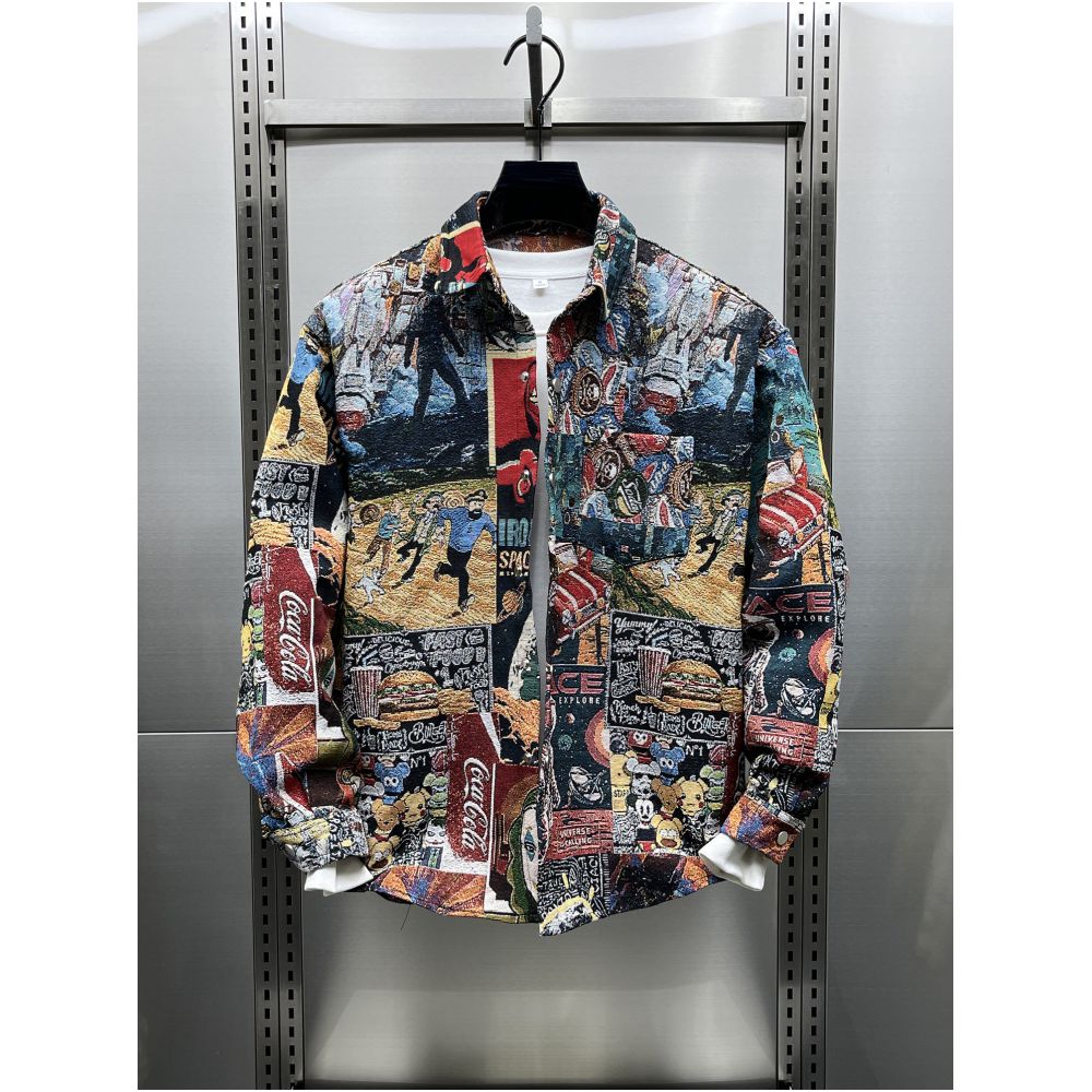 American retro jacquard painted collar shirt jacket new autumn style men s trendy youth cool casual jacket image 3