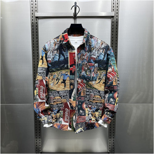 Men's Graphic Print Button-Up Shirt – Casual Long Sleeve Streetwear