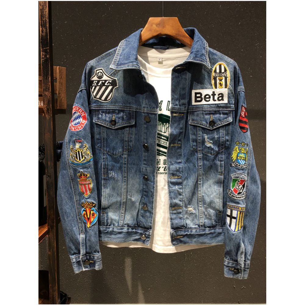 Autumn Embroidered Denim Jacket for Men Trendy Stylish Youthful Street Style Hong Kong Style Slim Fit Badge Ripped Denim Jacket image 0