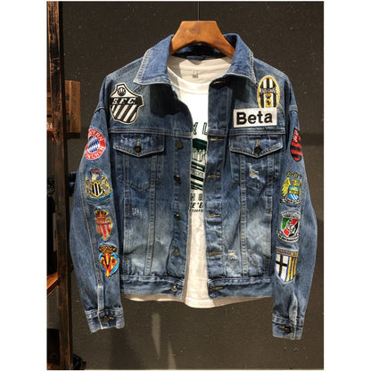 Autumn Embroidered Denim Jacket for Men Trendy Stylish Youthful Street Style Hong Kong Style Slim Fit Badge Ripped Denim Jacket image 0