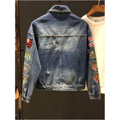 Autumn Embroidered Denim Jacket for Men Trendy Stylish Youthful Street Style Hong Kong Style Slim Fit Badge Ripped Denim Jacket image 1
