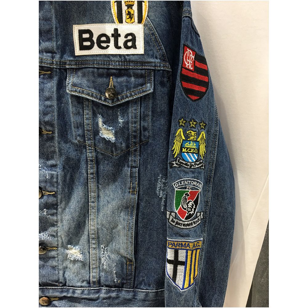Autumn Embroidered Denim Jacket for Men Trendy Stylish Youthful Street Style Hong Kong Style Slim Fit Badge Ripped Denim Jacket image 2