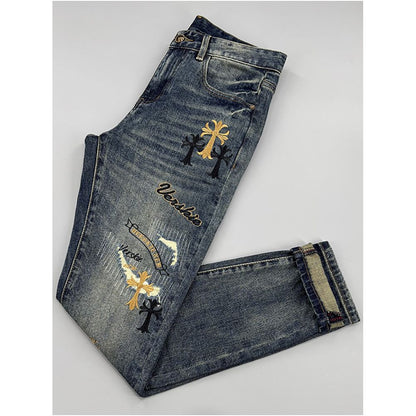 High end embroidered blue jeans for men 2026 style slim fit elastic ripped patched distressed pants image 0