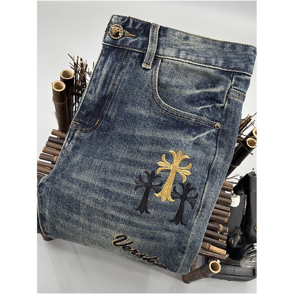 High end embroidered blue jeans for men 2026 style slim fit elastic ripped patched distressed pants image 1