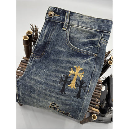 High end embroidered blue jeans for men 2026 style slim fit elastic ripped patched distressed pants image 1