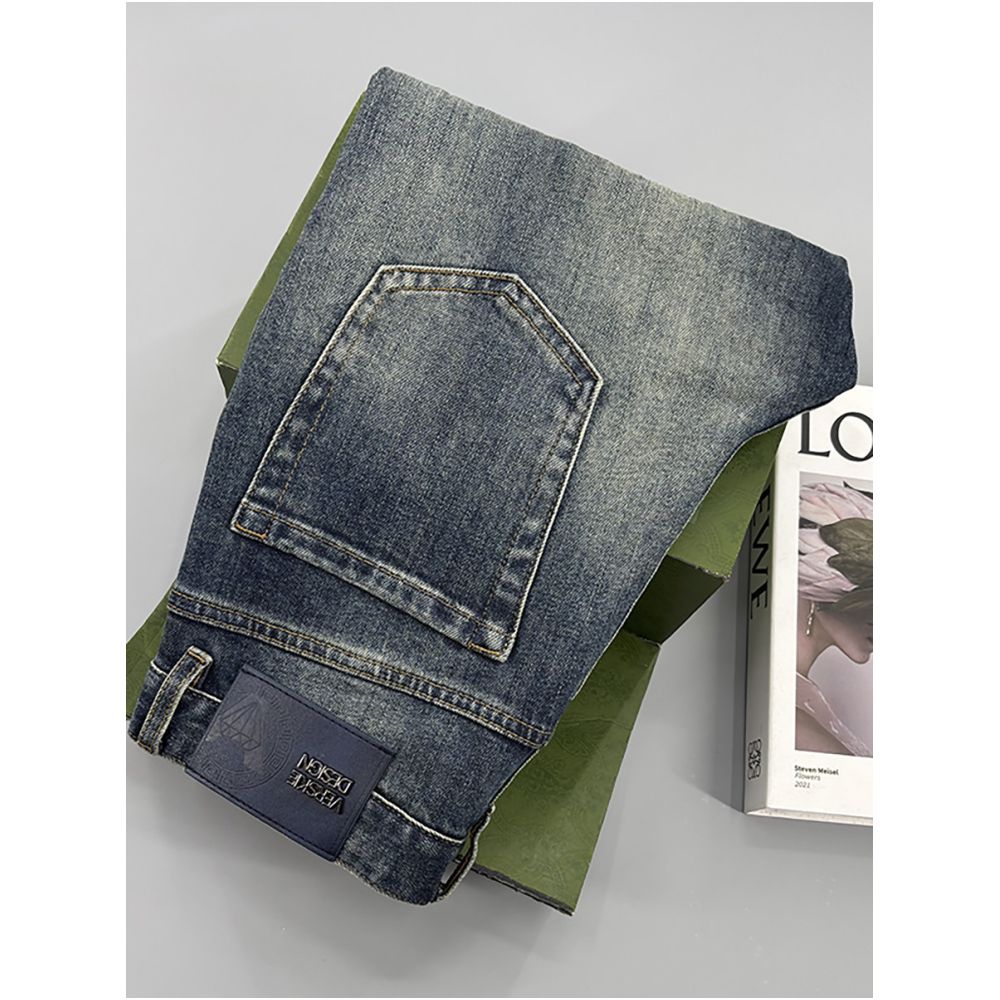 High end embroidered blue jeans for men 2026 style slim fit elastic ripped patched distressed pants image 2