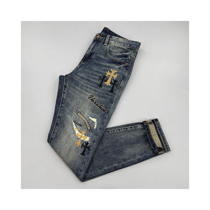 Men's Embroidered Slim Fit Distressed Denim Jeans – Premium Stretch Blue Jeans