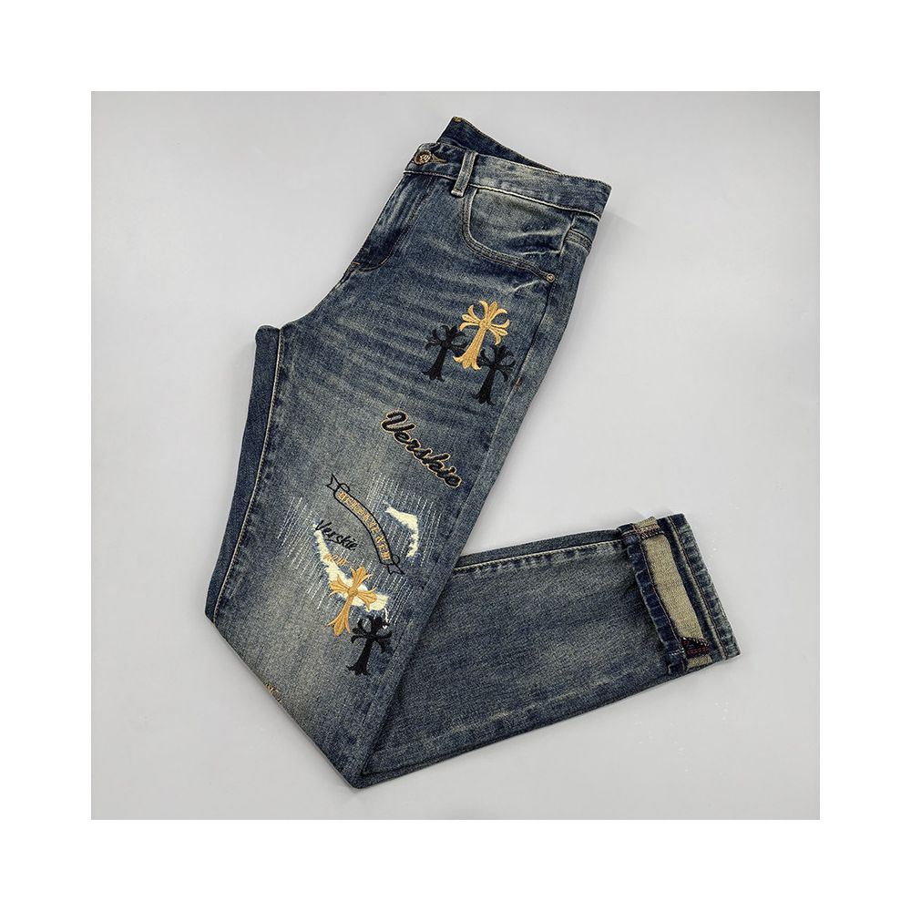 Men's Embroidered Slim Fit Distressed Denim Jeans – Premium Stretch Blue Jeans