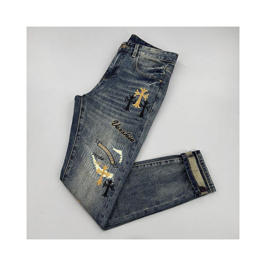 Men's Embroidered Slim Fit Distressed Denim Jeans – Premium Stretch Blue Jeans