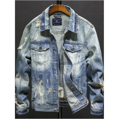 Men s denim jacket trendy brand ripped European and American street style loose fit retro style unique jacket versatile light colored shirt image 0