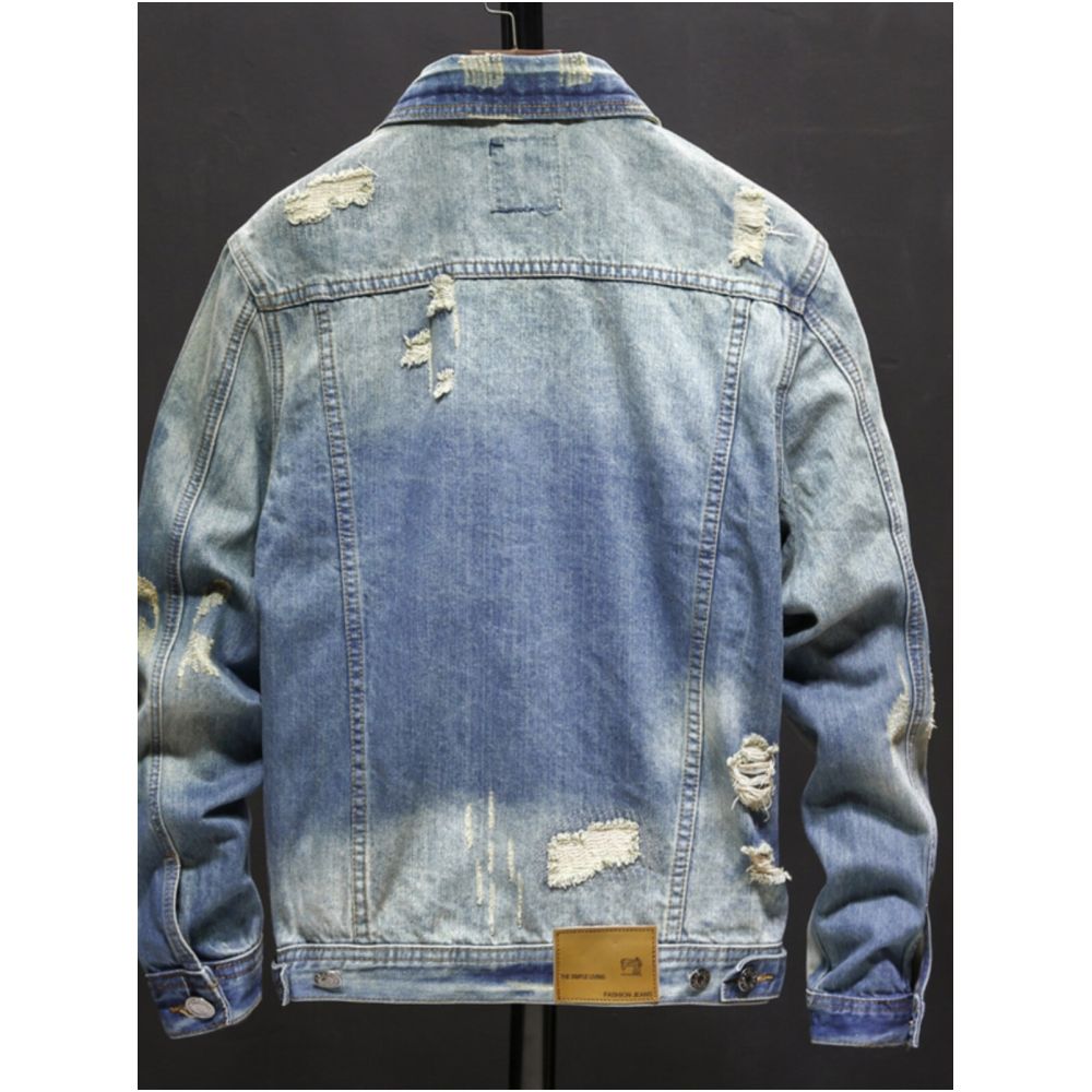 Men s denim jacket trendy brand ripped European and American street style loose fit retro style unique jacket versatile light colored shirt image 1