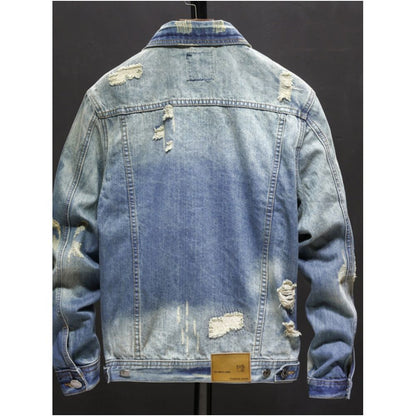 Men s denim jacket trendy brand ripped European and American street style loose fit retro style unique jacket versatile light colored shirt image 1