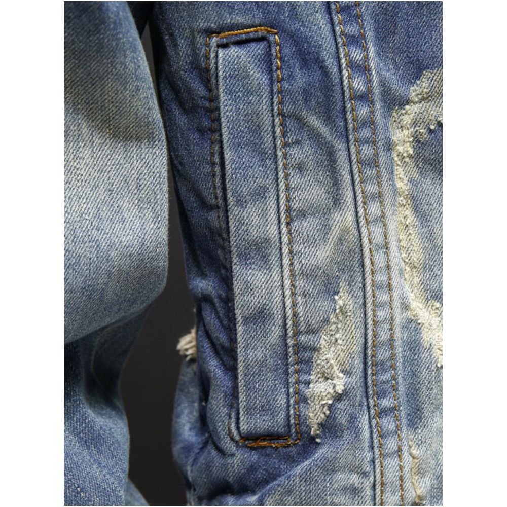 Men s denim jacket trendy brand ripped European and American street style loose fit retro style unique jacket versatile light colored shirt image 2