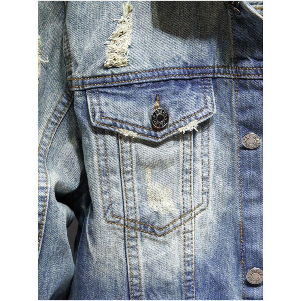 Men s denim jacket trendy brand ripped European and American street style loose fit retro style unique jacket versatile light colored shirt image 3