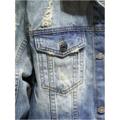 Men s denim jacket trendy brand ripped European and American street style loose fit retro style unique jacket versatile light colored shirt image 3
