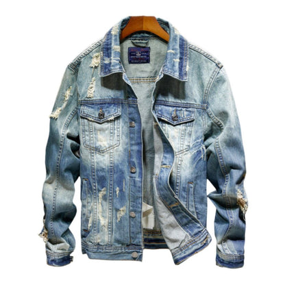 Men s denim jacket trendy brand ripped European and American street style loose fit retro style unique jacket versatile light colored shirt image 4