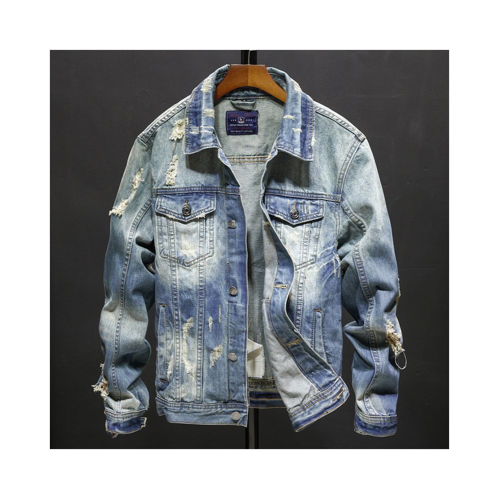 Men's Distressed Denim Jacket – Vintage Streetwear Trucker Jacket
